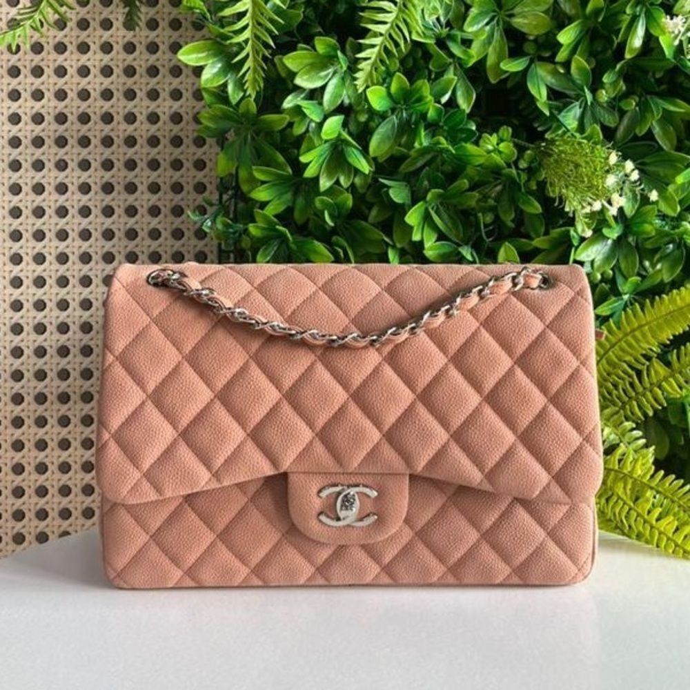 100% authentic CHANEL jumbo tan camel nubuck suede caviar silver hardware